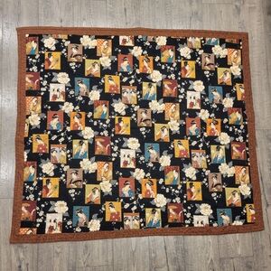 Japanese Vintage  Cotton Art-Inspired Quilt with Floral Accents 44×39